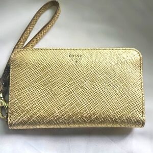 Brand New Fossil Gold Crossgrain Leather Wristlet Zip Around Wallet 6" X 3.5"